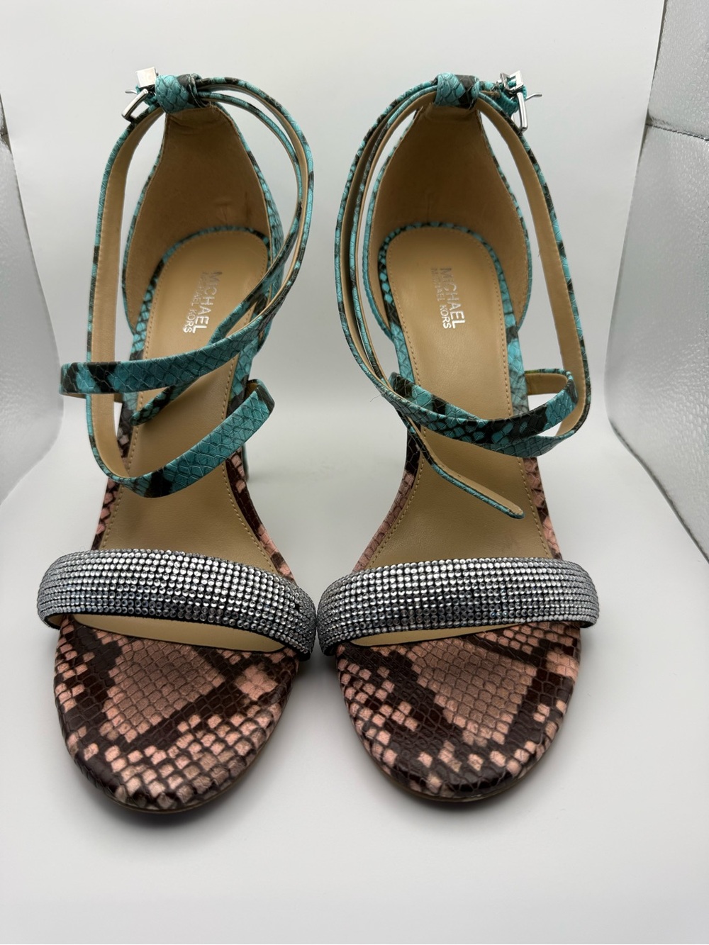 Michael Kors Turquoise Snake-Print Ankle-Strap Heels with Silver Crystal Toe